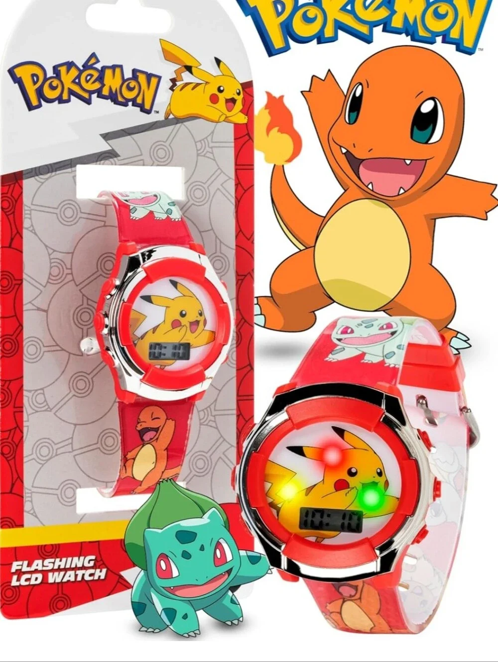 Kids Flashing LCD Watch - Red Pikachu & Bulbasaur